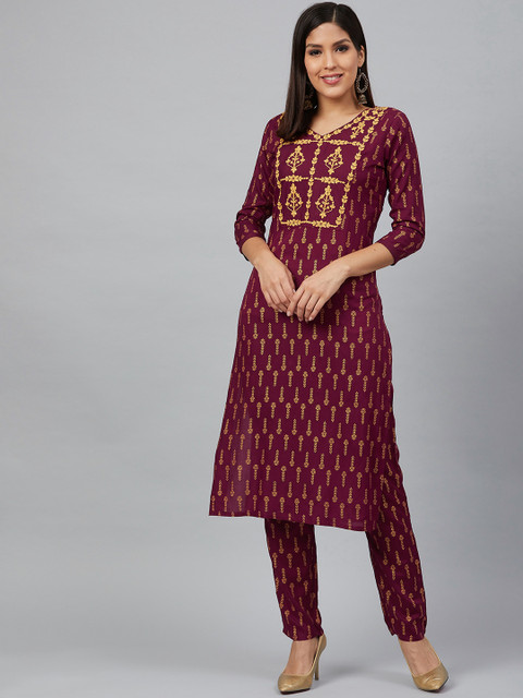 

Bani Women Women Burgundy & Golden Printed Kurta with Trousers