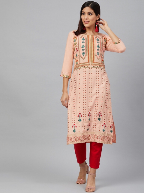 

Bani Women Women Peach-Coloured & Red Printed Straight Kurta