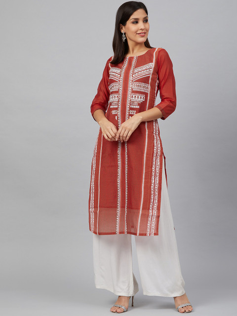 

Bani Women Women Orange & White Printed Straight Kurta