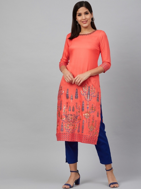 

Bani Women Women Coral Orange & Navy Blue Printed Straight Kurta