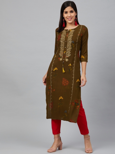 

Bani Women Women Olive Brown & Red Printed Straight Kurta