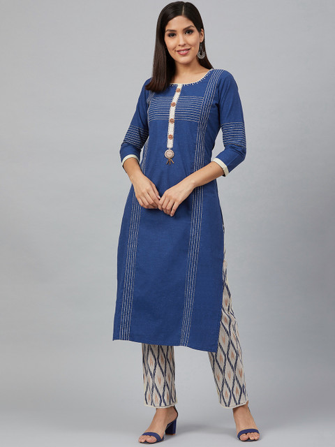 

Bani Women Women Blue & White Striped Kurta with Trousers