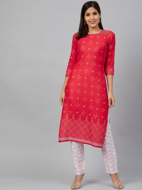 

Bani Women Red & White Printed Kurta with Trousers