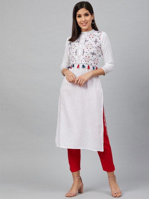 

Bani Women Women White & Navy Blue Yoke Design Straight Kurta