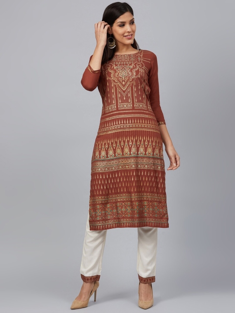

Bani Women Women Rust Brown & White Printed Kurta with Trousers