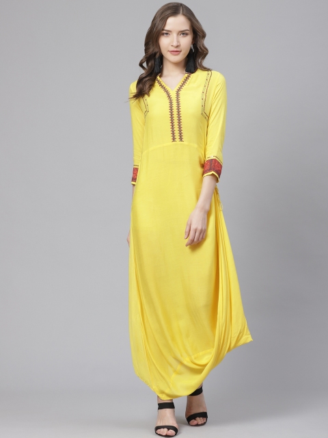 

Bani Women Yellow Embroidered Yoke Design Asymmetric Maxi Dress
