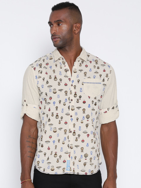 

Locomotive Signature Off-White Printed Linen Casual Shirt