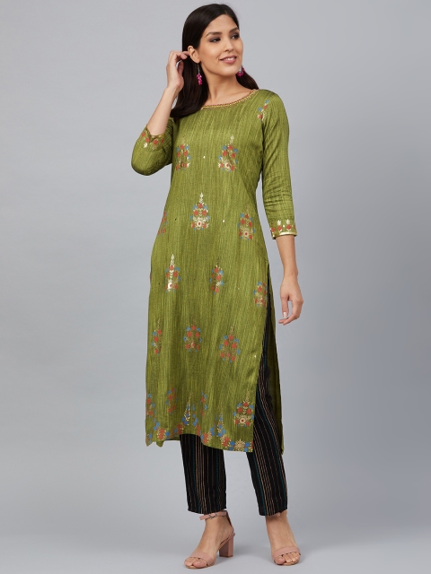 

Bani Women Women Olive Green & Black Printed Kurta with Trousers