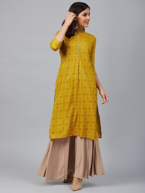 

Bani Women Women Mustard Yellow & Golden Printed Straight Kurta