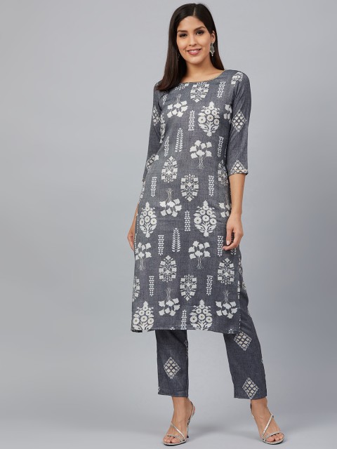 

Bani Women Women Charcoal Grey & White Printed Kurta with Trousers