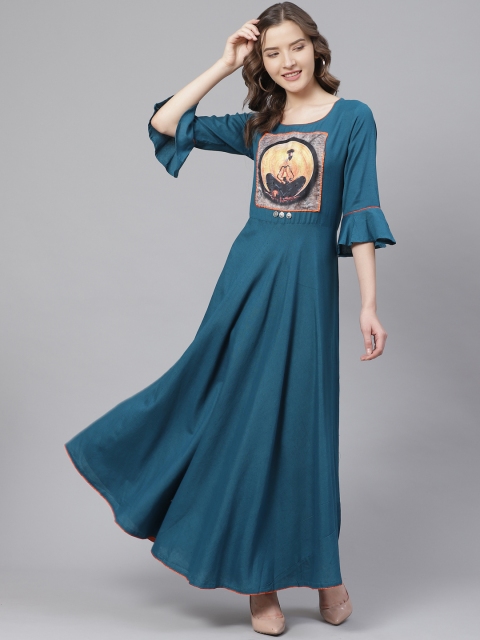 

Bani Women Teal Blue Applique Printed Stone Detail Asymmetric Maxi Dress