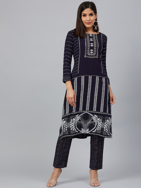 

Bani Women Navy Blue & White Printed Kurta with Trousers