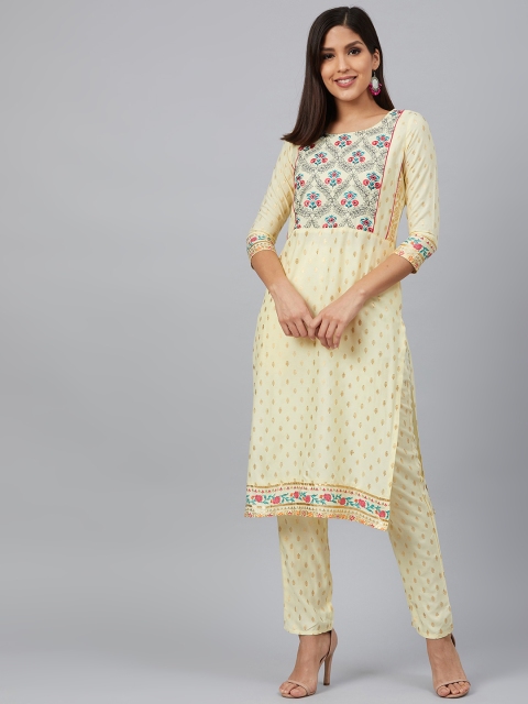 

Bani Women Women Yellow & Golden Floral Detail Printed Kurta with Trousers