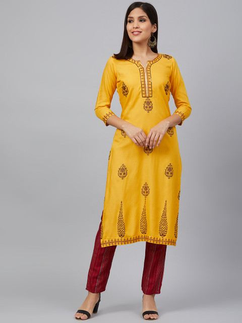 

Bani Women Women Mustard Yellow & Maroon Printed Kurta with Trousers