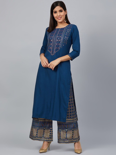 

Bani Women Women Teal Blue & Golden Yoke Design Kurta with Palazzos