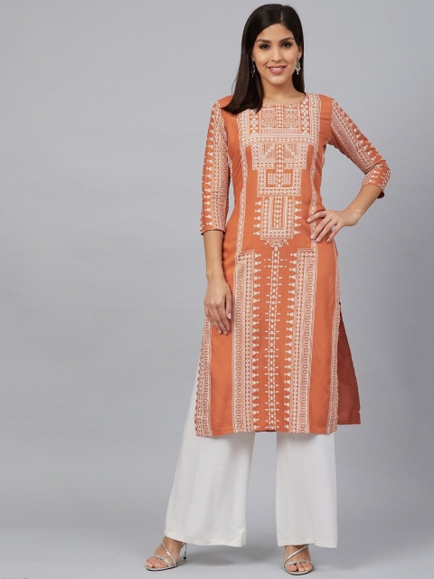 

Bani Women Women Rust Orange & White Block Printed Straight Kurta