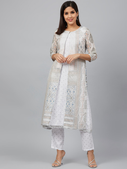 

Bani Women Women White & Silver Printed Layered Kurta with Trousers