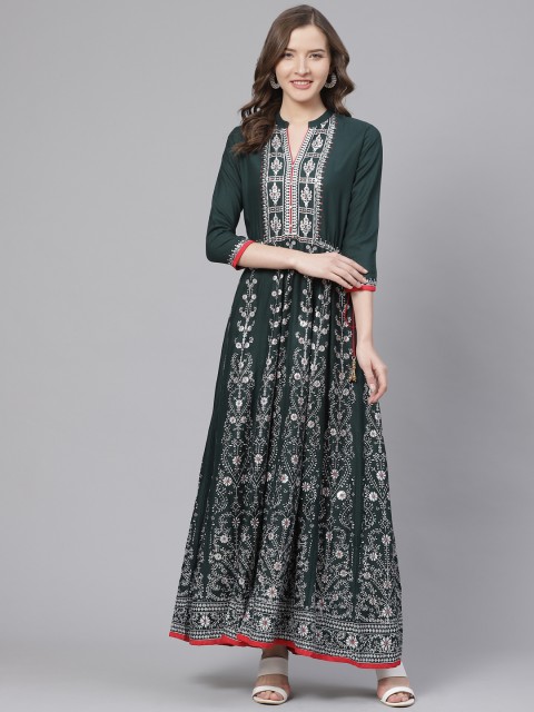 

Bani Women Green & White Sequinned Ethnic Printed Waist Tie-Up Anarkali Maxi Dress