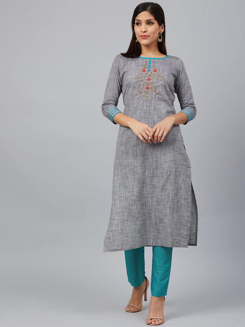

Bani Women Women Grey & Blue Yoke Design Kurta with Trousers