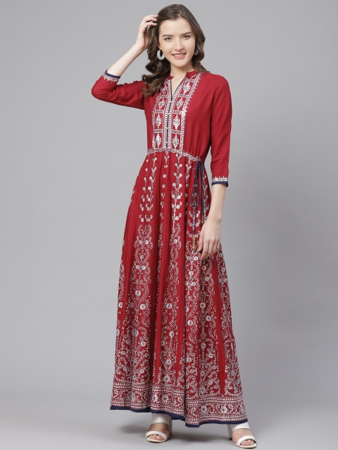

Bani Women Maroon White Sequinned Ethnic Printed Waist Tie-Up Anarkali Maxi Dress