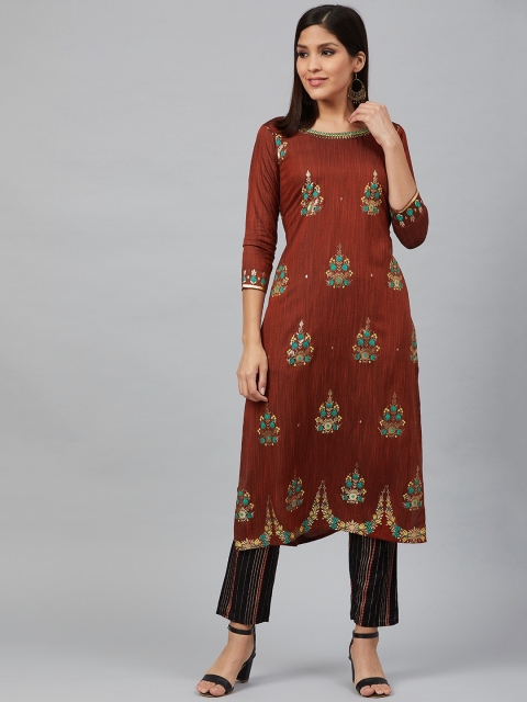 

Bani Women Women Rust Red & Black Printed Kurta with Trousers