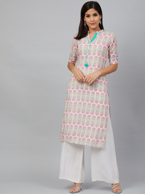 

Bani Women Women White & Pink Printed Straight Kurta