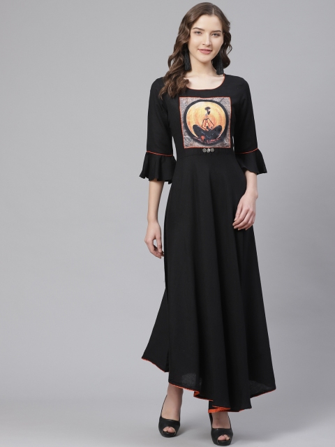 

Bani Women Black Applique Printed Stone Detail Asymmetric Maxi Dress