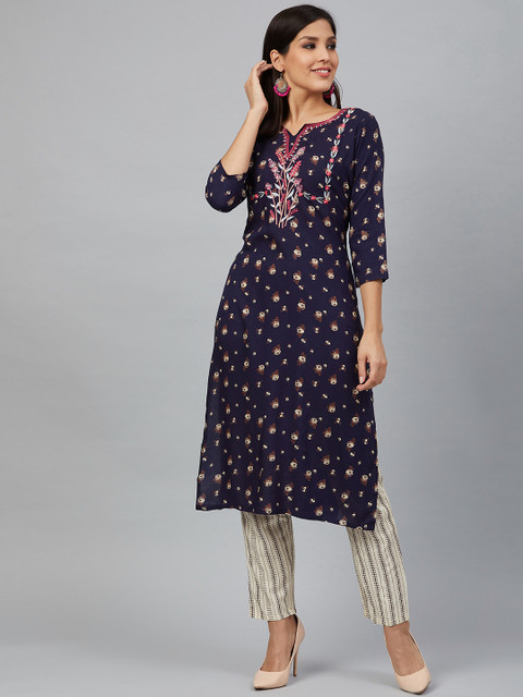 

Bani Women Women Navy Blue & Beige Floral Print Kurta with Trousers
