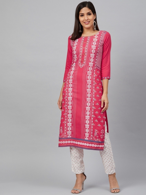 

Bani Women Women Coral Pink & White Printed Kurta with Trousers
