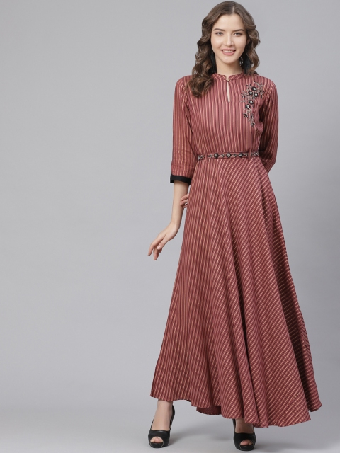 

Bani Women Rust Red & Black Floral Embroidered Striped Maxi Dress With Belt