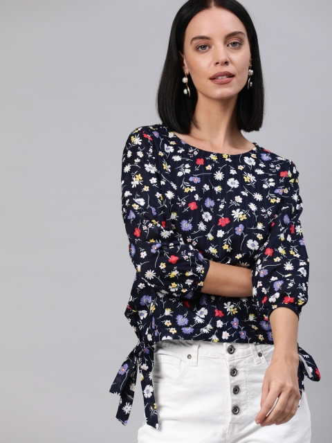 

HERE&NOW Women Navy Blue & White Floral Printed Pure Cotton Top with Waist Tie-Ups