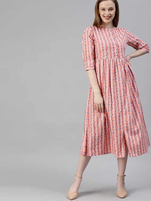 

HERE&NOW Women Peach-Coloured & White Striped Gathered A-Line Dress