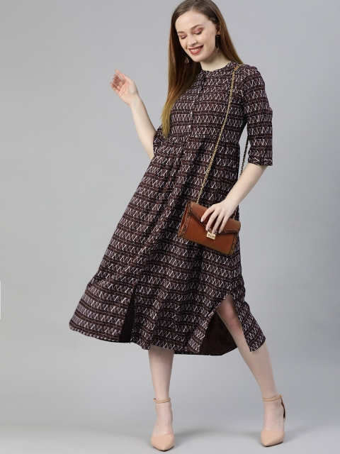 

HERE&NOW Women Burgundy & White Geometric Printed Gathered A-Line Dress