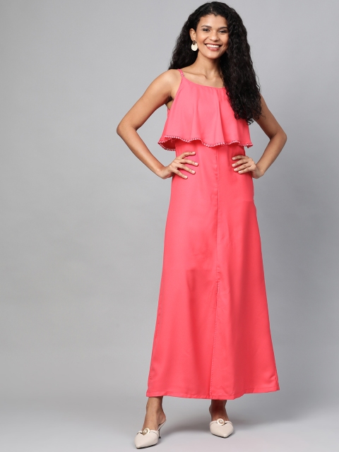 

HERE&NOW Women Coral Pink Layered Solid Maxi Dress