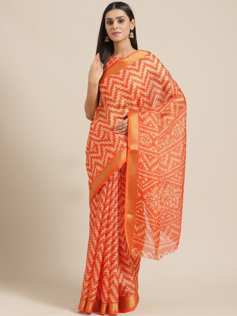 

Saree mall Orange & Off-White Printed Ikat Saree