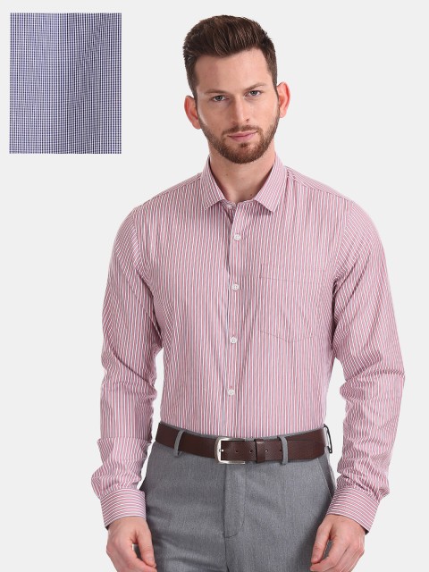 

Excalibur Men Pink & Navy Blue Set of 2 Slim Fit Striped Formal Shirt