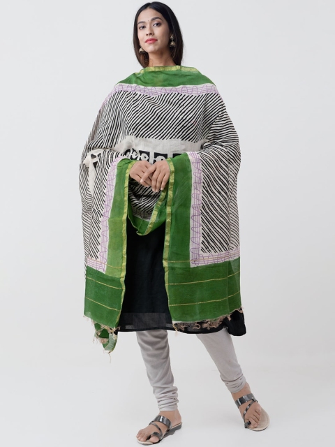 

Unnati Silks Cream & Green Block Print Sustainable Dupatta