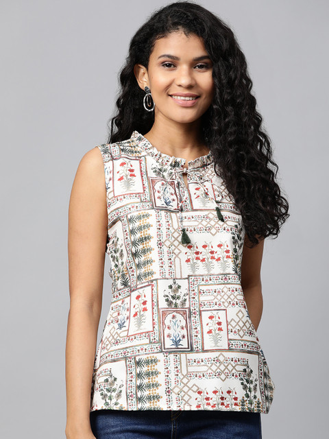 

Yufta Women Off-White & Green Printed Top
