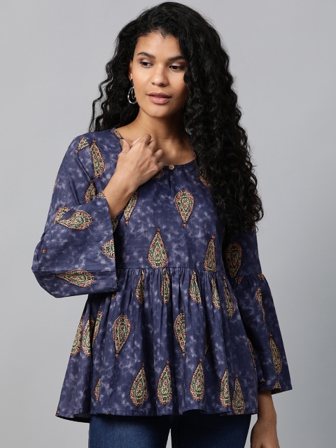 

Yufta Women Navy Blue & Beige Printed A-Line Pure Cotton Top
