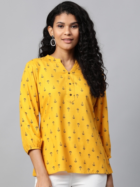 

Yufta Women Mustard Yellow & Navy Blue Printed Pure Cotton Top