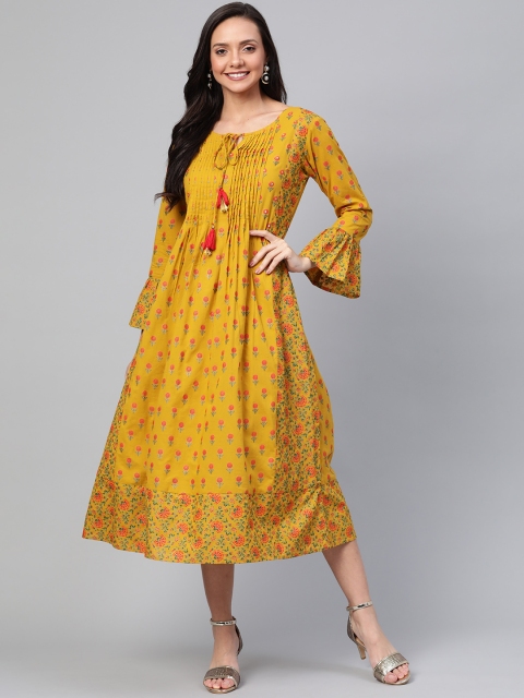 

Yufta Women Mustard Yellow & Orange Printed A-Line Dress
