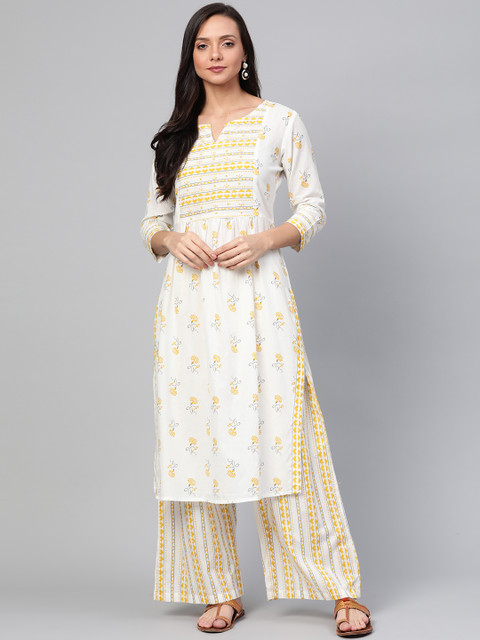 

Yufta Women Cream-Coloured & Mustard Yellow Printed Kurta with Palazzos