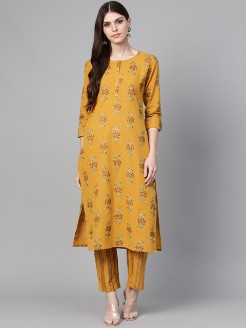 

Yufta Women Mustard Yellow & Black Floral Print Kurta with Trousers