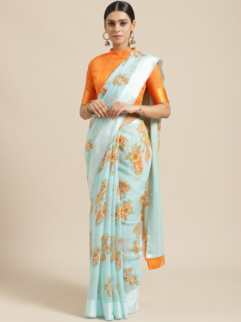 

Saree mall Sea Blue & Coral Orange Floral Print Saree