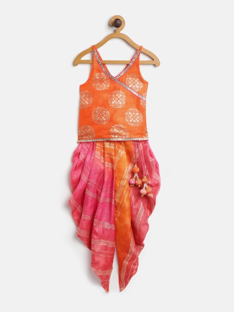 

pspeaches Girls Orange & Pink Printed Top with Dhoti Pants