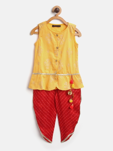

pspeaches Girls Yellow & Red Printed Kurta with Dhoti Pants