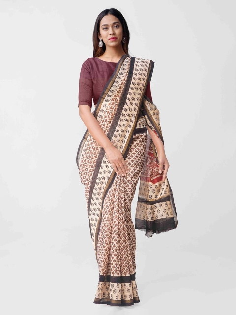 

Unnati Silks Women Beige Silk Cotton Floral Printed Chanderi Sustainable Saree