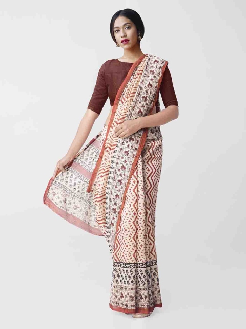 

Unnati Silks Cream & Black Silk Cotton Printed Chanderi Sustainable Saree