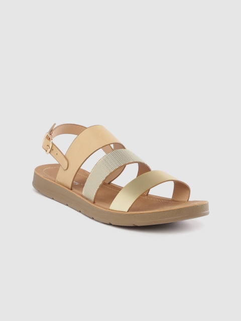 

DressBerry Women Gold-Toned & Beige Colourblocked Open Toe Flats with Textured Detail