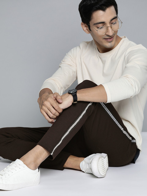 

Mast & Harbour Men Coffee Brown Side Striped Regular Fit Solid Trousers
